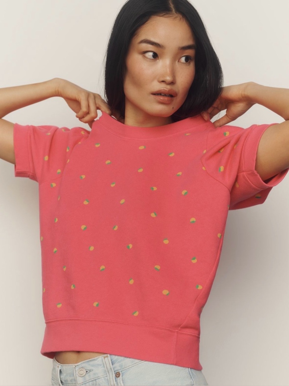 NWT Anthropologie Maeve Pink Fruit Print Puff Sleeve Sweatshirt Tee SZ SMALL